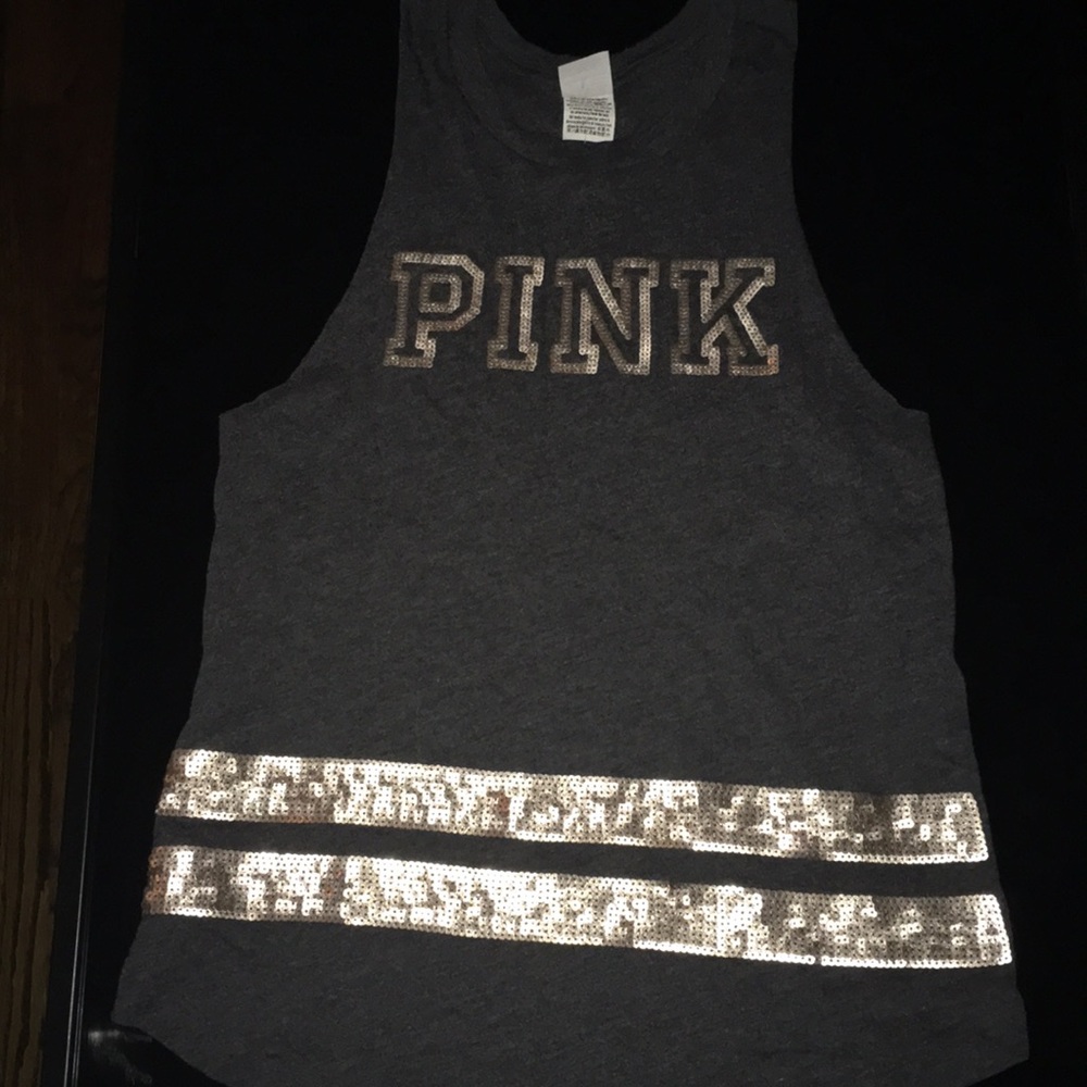 PINK muscle tank with Sequin writing & Strips